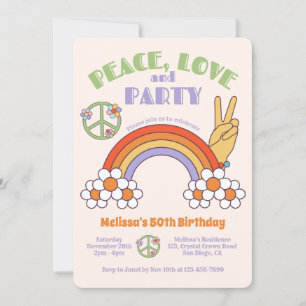 Rainbow Retro Hippie Peace & Love Birthday Invitation