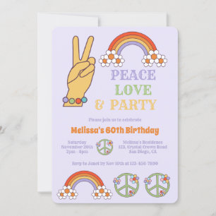 Rainbow Retro Hippie Peace Love Party Birthday Invitation
