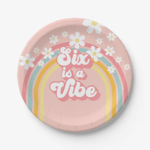 Rainbow Retro Six is a Vibe Groovy 6th Birthday P Paper Plate