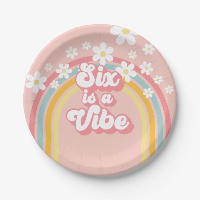Rainbow Retro Six is a Vibe Groovy 6th Birthday P Paper Plate (Front)