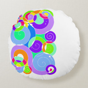 Rainbow Retro Spiral Art Abstraction Purple White Round Cushion