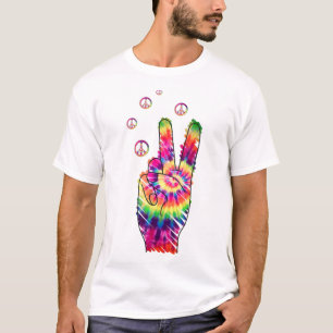 Rainbow Retro Tie Dye Psychedelic Peace Sign Hand  T-Shirt