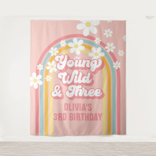 Rainbow Retro Young Wild Three 3rd Birthday Tapestry