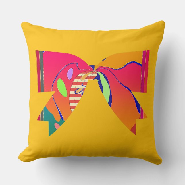 Rainbow Ribbon Bow Yellow Decorative Fun Cushion (Front)