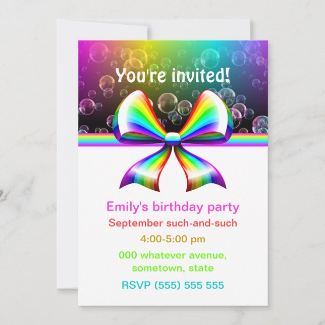 Rainbow ribbon party invitations (customisable!) (Front)