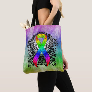 Rainbow Ribbon with Wings Tote Bag