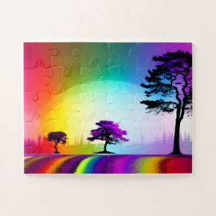 Rainbow Road Through Silhouette Trees with Purple Jigsaw Puzzle