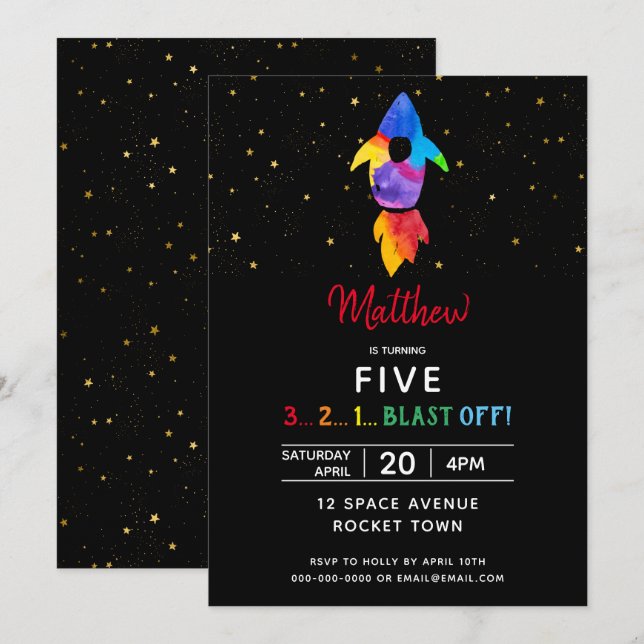 Rainbow Rocket Ship Outer Space Birthday Party Invitation (Front/Back)
