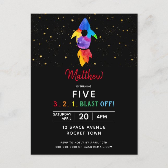 Rainbow Rocket Ship Outer Space Birthday Party Invitation Postcard (Front)