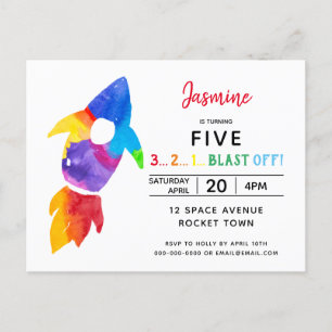 Rainbow Rocket Ship Outer Space Birthday Party Invitation Postcard