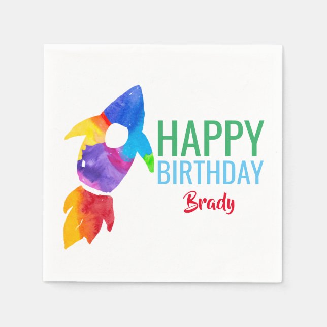 Rainbow Rocket Ship Outer Space Birthday Party Napkin (Front)
