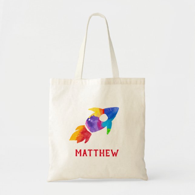 Rainbow Rocket Ship Outer Space Personalised Kids Tote Bag (Front)