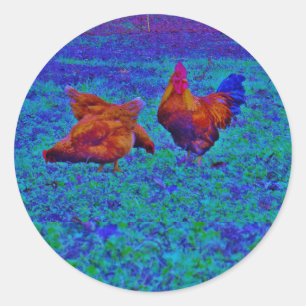 Rainbow Rooster & Hens, Electric Blue Classic Round Sticker