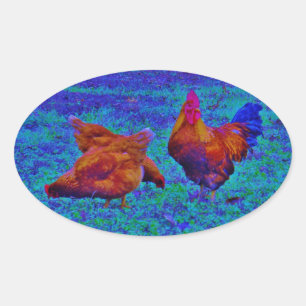 Rainbow Rooster & Hens, Electric Blue Oval Sticker