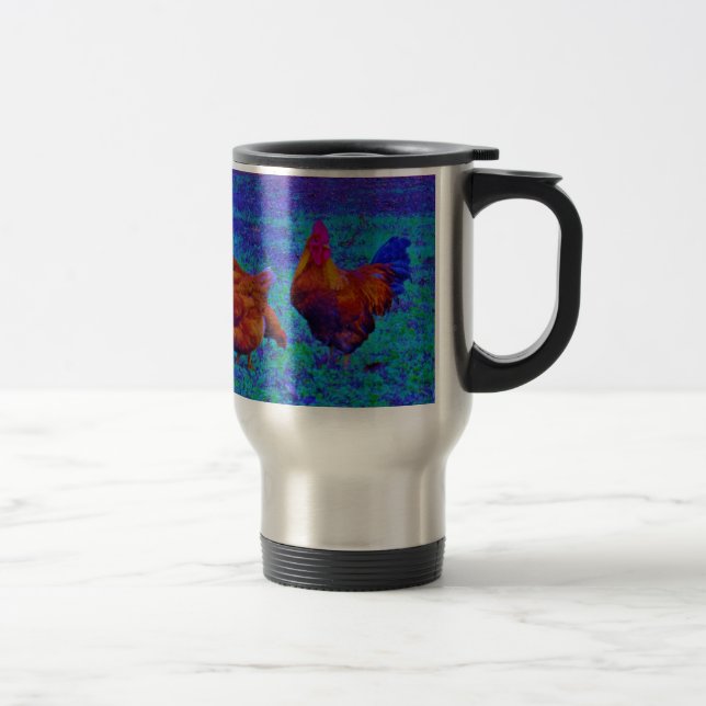 Rainbow Rooster & Hens, Electric Blue Travel Mug (Right)