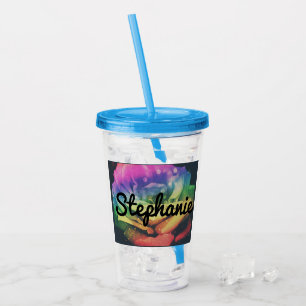 Rainbow Rose Custom Name Cup With Straw