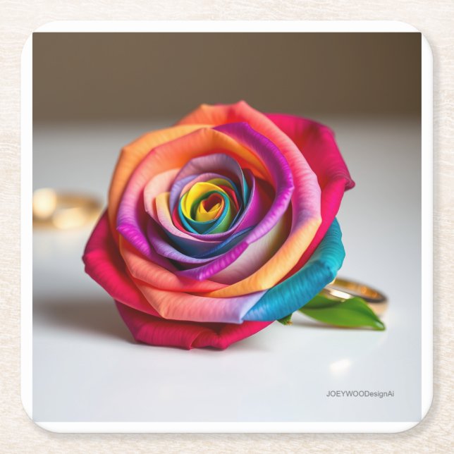 Rainbow Rose-ring Square Paper Coaster (Front)
