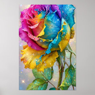 Rainbow Rose Sparkle - Pink Blue Yellow Colorful Poster