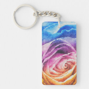 Rainbow Rose Watercolor Key Ring