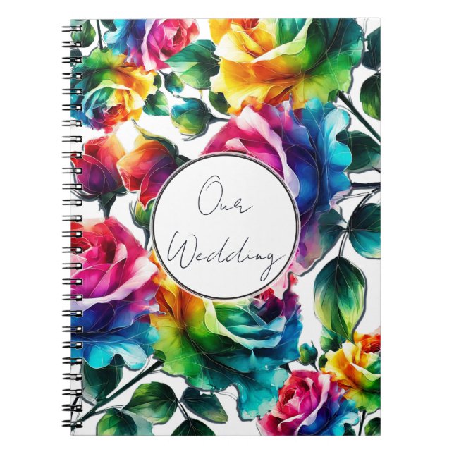 Rainbow Roses Black & White Floral Wedding Notebook (Front)