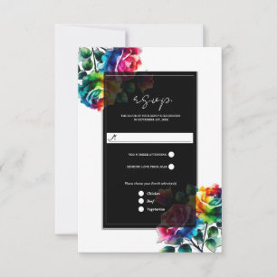 Rainbow Roses Black & White Floral Wedding RSVP Card