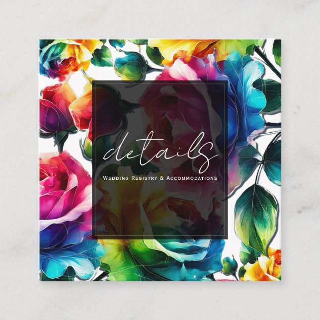 Rainbow Roses Black & White Vibrant Floral Details Square Business Card (Front)