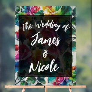 Rainbow Roses Black & White Vibrant Floral Wedding Acrylic Sign