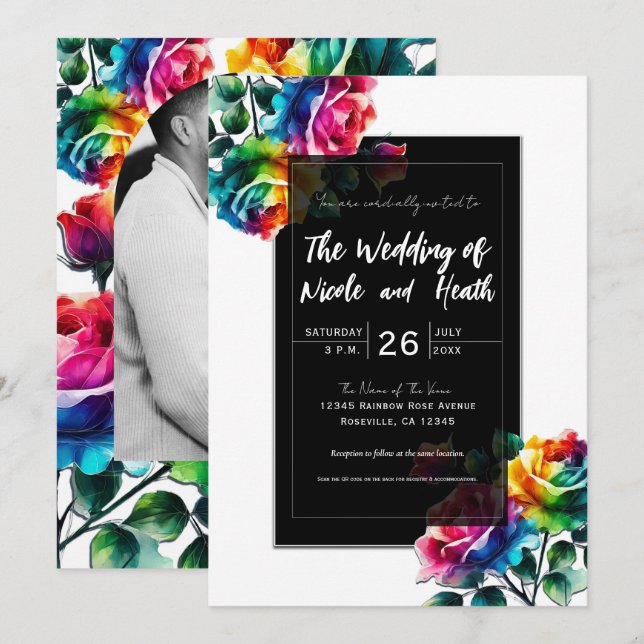 Rainbow Roses Black & White Vibrant Floral Wedding Invitation (Front/Back)