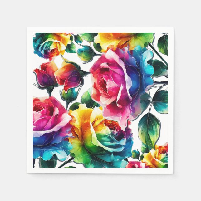 Rainbow Roses Black & White Vibrant Floral Wedding Napkin (Front)