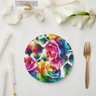 Rainbow Roses Black & White Vibrant Floral Wedding Paper Plate