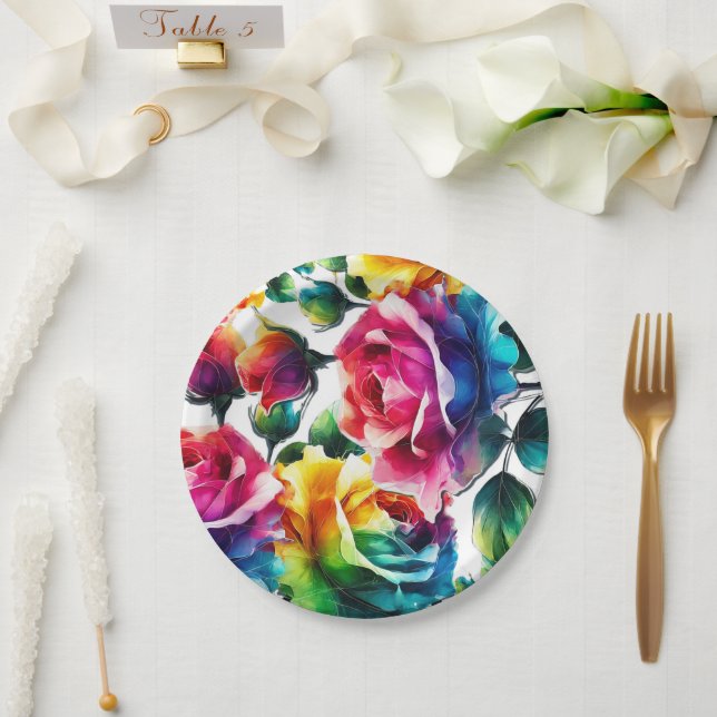 Rainbow Roses Black & White Vibrant Floral Wedding Paper Plate (Wedding)