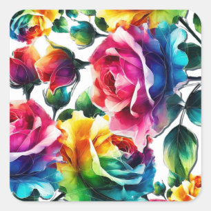 Rainbow Roses Black & White Vibrant Floral Wedding Square Sticker