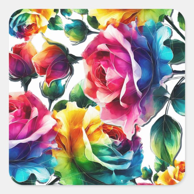 Rainbow Roses Black & White Vibrant Floral Wedding Square Sticker (Front)