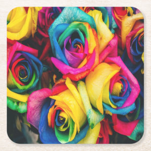 Rainbow Roses Bouquet Square Paper Coaster