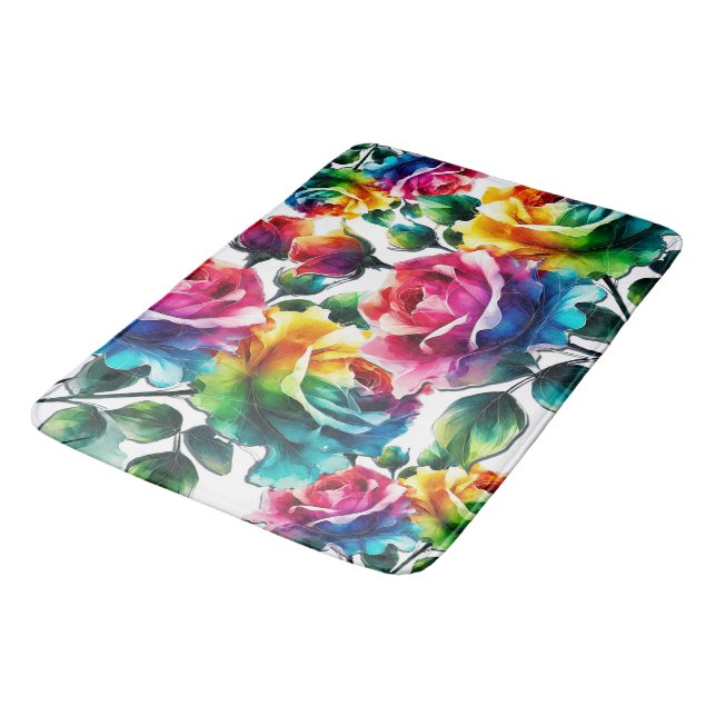 Rainbow Roses Vibrant Colourful Floral  Bath Mat (Angled)