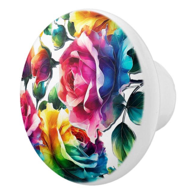 Rainbow Roses Vibrant Colourful Floral  Ceramic Knob (Right)