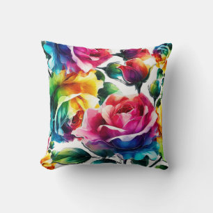 Rainbow Roses Vibrant Colourful Floral  Cushion