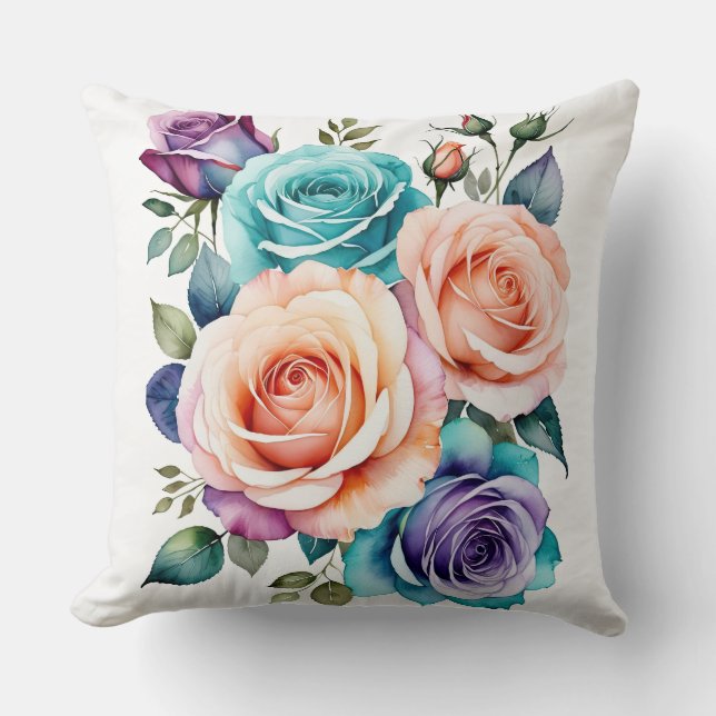 Rainbow Roses Watercolor Bouquet Cushion (Front)