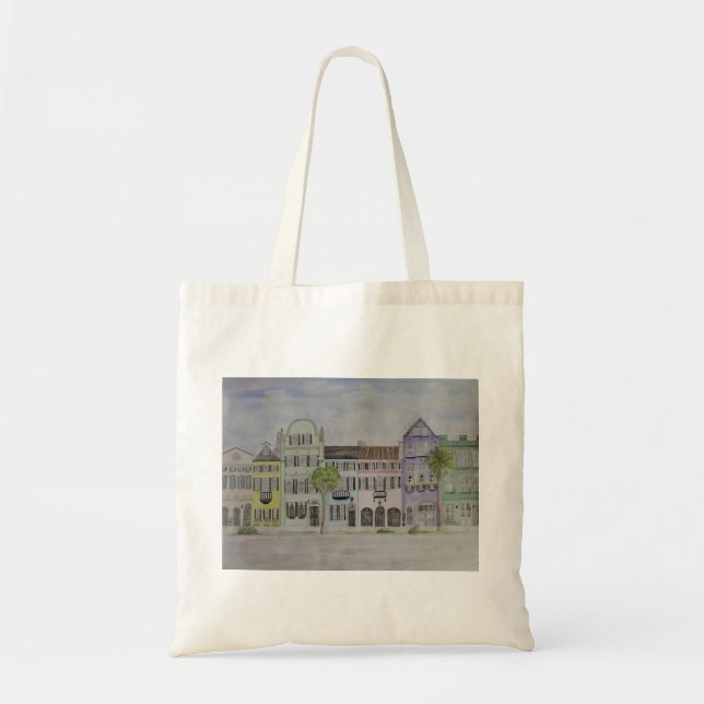 Rainbow Row Charleston SC Watercolor Tote Bag (Front)