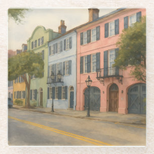 Rainbow Row of Charleston Watercolor Glass Coaster