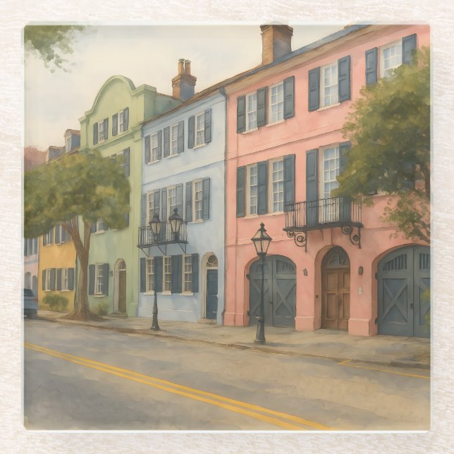 Rainbow Row of Charleston Watercolor Glass Coaster (Front)