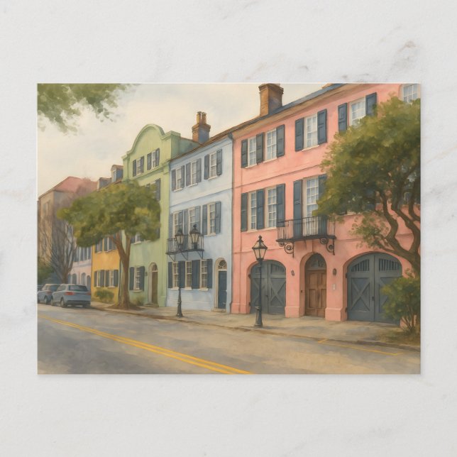 Rainbow Row of Charleston Watercolor Holiday Postcard (Front)