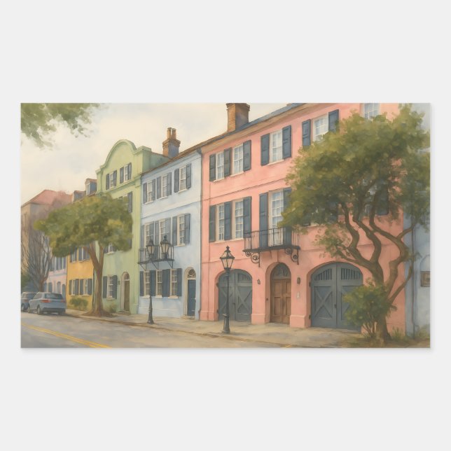 Rainbow Row of Charleston Watercolor Rectangular Sticker (Front)