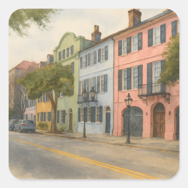 Rainbow Row of Charleston Watercolor Square Sticker (Front)