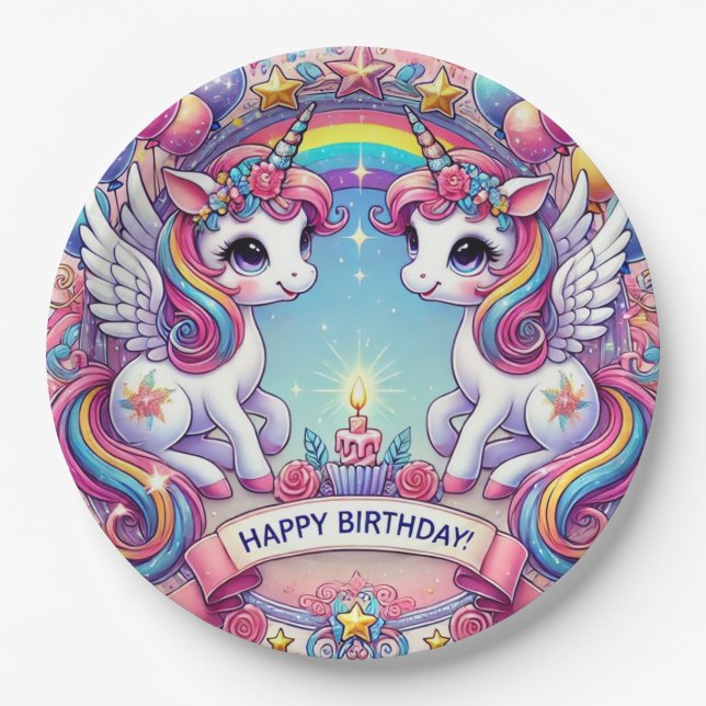 Rainbow Royalty Unicorns Paper Plate (Front)