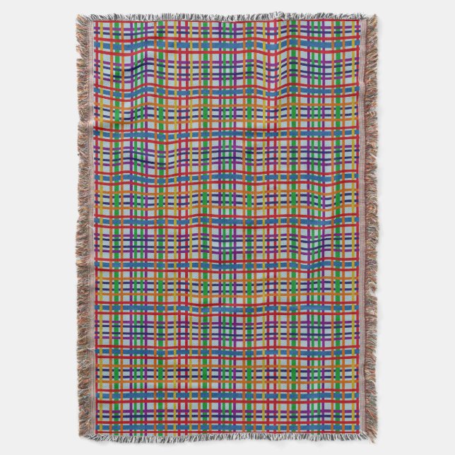 Rainbow Rustic Plaid Stripe Tile Light Grey Blue Throw Blanket (Front Vertical)