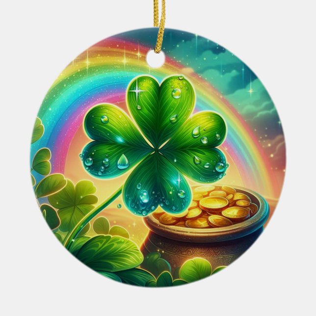 Rainbow Saint Patrick's Day clover Ceramic Tree Decoration (Front)