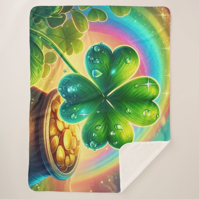 Rainbow Saint Patrick's Day clover Sherpa Blanket (Front)