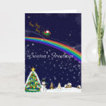 Rainbow Santa Christmas Card<br><div class="desc">Christmas scene with Christmas tree,  snowman,  and houses in the background,  and Santa flying over the rainbow towards the night sky. Unique and beautiful illustrations for Christmas cards.</div>