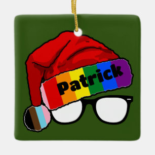 Rainbow Santa Hat with Glasses Ceramic Ornament